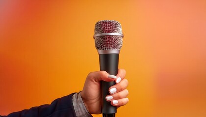 A hand holding a microphone against an orange background. The hand is wearing a blue suit jacket.