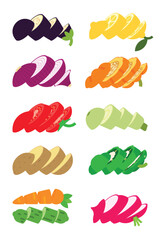 A set of Sliced vegetables, Cross section of Bell Pepper, Carrot, Tomato, Cucumber, Eggplant, Lemon, Pumpkin, Radish, Red Onion, zucchini, simple flat vector illustration.