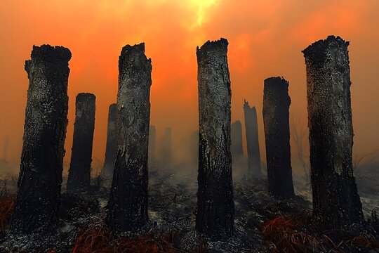 Charred forest remnants amidst fiery sky in atmospheric wildfire scene - Powered by Adobe
