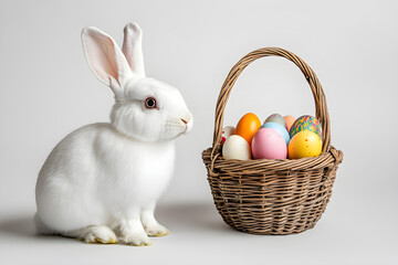 Charming White Rabbit with Wicker Basket of Colorful Easter Eggs on Simple White Background