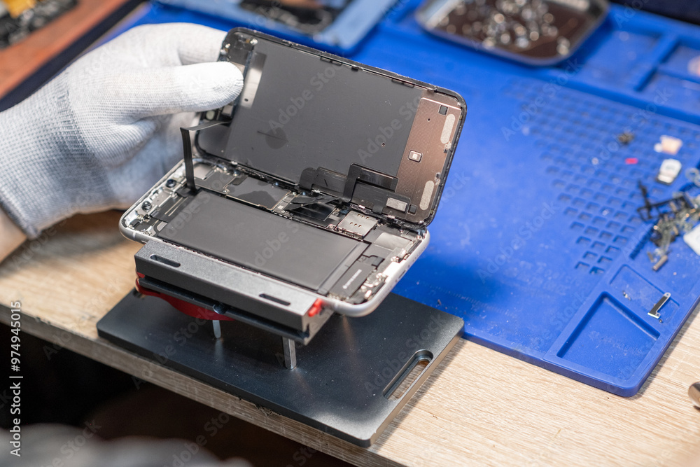Poster a technician performs a battery replacement on a mobile device, showcasing tools and parts in a well