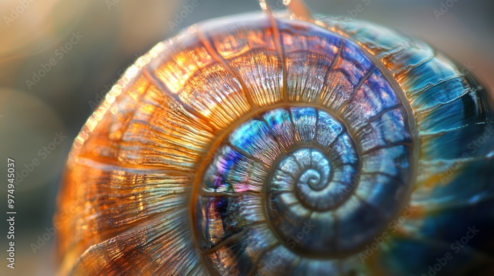 Poster a close-up of a snail shell with iridescent colors