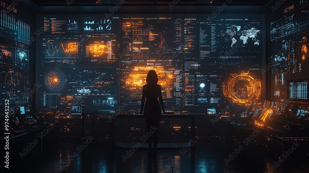 Poster silhouette of a woman standing in front of a large screen displaying complex data and information.