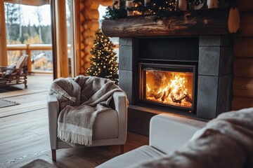 Cozy cabin with Christmas tree and fireplace, featuring copy space