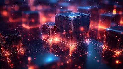 Abstract digital network with glowing cubes and lines.