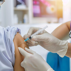 Close-Up of a Nurse&rsquo;s Hand Administering a Vaccine Injection, with a Bright and Clean Medical Environment in the Background, Highly Detailed 8K
