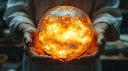 Closeup of hands holding a glowing orb of fire.