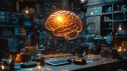 Holographic brain floating above a desk, surrounded by digital charts and business ideas, digital creativity, AI and business innovation