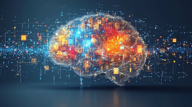 Human brain made of swirling digital lines and business icons, representing creative business ideas, idea brain, complex business thinking