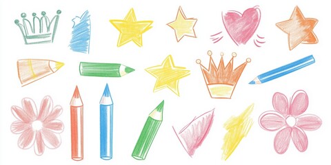 Obraz premium A collection of colorful drawings of various objects, including a pencil, a star, a flower, and a heart. The drawings are all in different colors and styles