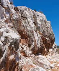 Blue sky, mountain side or rock in nature for environment, land or travel in Spain. Ancient, old city or heritage in Ronda for habit creation, sustainability or landscape for destination or wallpaper