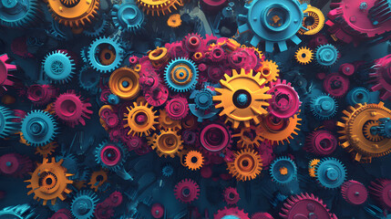 Colorful gears and cogs create an abstract brain design, showcasing vibrant hues of blue, pink, and orange. This intricate composition symbolizes creativity and innovation