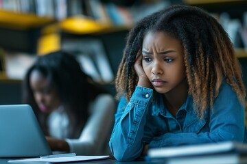 A young woman with dreadlocks is sitting at a desk with a laptop and a stack of books. She is upset or frustrated, possibly due to a difficult assignment or a personal issue