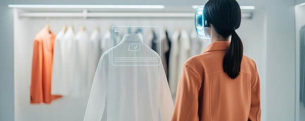 Holographic AI assistant providing virtual wardrobe fitting for online shopping, holographic AI assistant, fashion technology