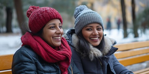 Fototapeta premium Two women are sitting on a bench, smiling and wearing winter hats. Scene is cheerful and warm, despite the cold weather
