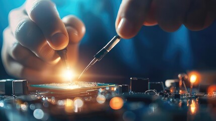 A close-up of a technician soldering a microchip on a circuit board, showcasing precision, technology, and electronics.
