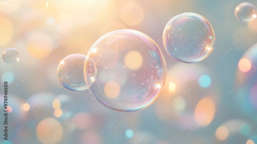Poster Soap bubbles floating in sunlight with soft bokeh effect. Peaceful and dreamy atmosphere concept