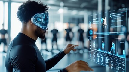 Holographic AI assistant analyzing workout data for professional athletes, holographic AI assistant, sports performance