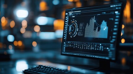 High-tech computer screen displaying data analysis with graphs and charts in a modern office environment.