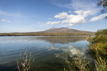 Onuma pond and Mt.Komagatake in the the most favorite autumn season in Hokkaido, Japan