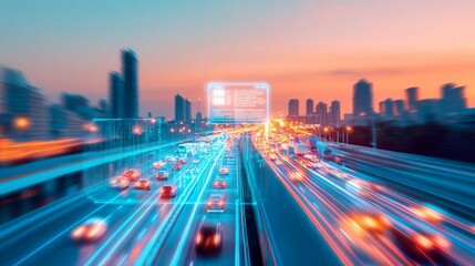 Obraz premium Holographic AI assistant supporting a city s traffic management system, holographic AI assistant, smart city infrastructure