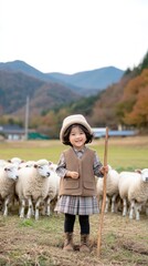 Naklejka premium A young boy in traditional attire stands confidently with his staff, surrounded by a flock of sheep, amidst the tranquil beauty of a rural Japanese landscape