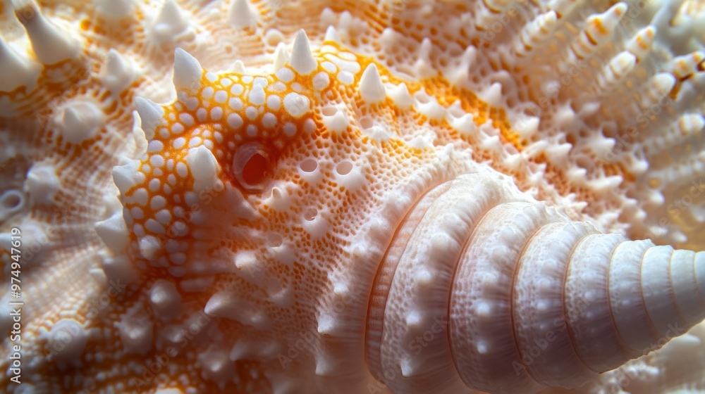 Poster close-up of a white and orange seashell with spikes and a spiral