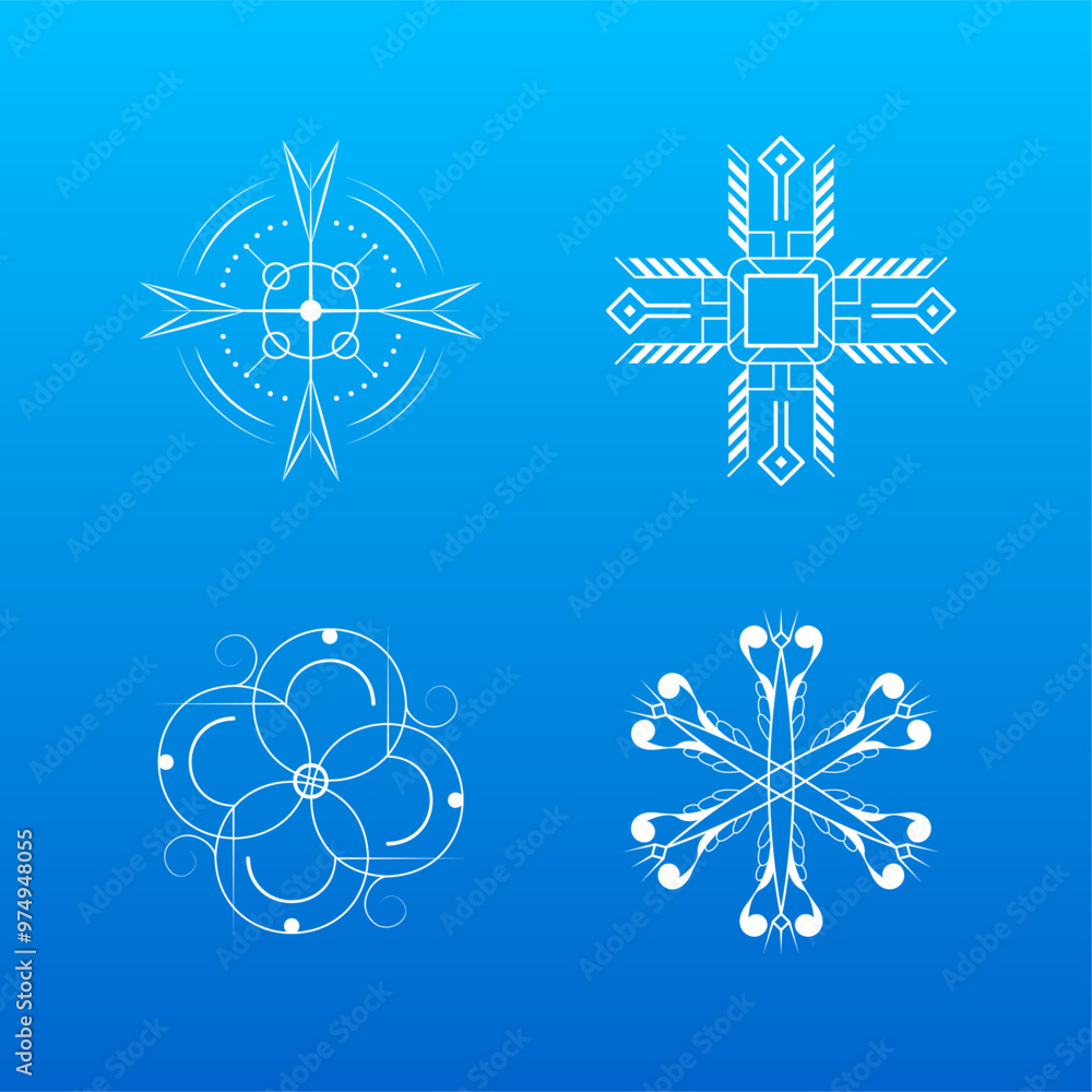Poster set white colleciton line snowflake winter decoration elements vector design style