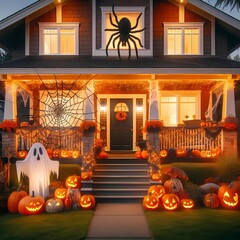 Obraz premium halloween pumpkin in a house, house decorated for halowen, generative AI