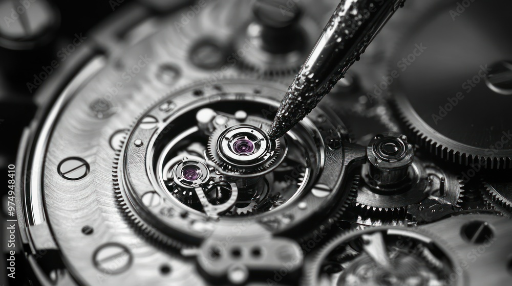 Poster close-up of a watch mechanism with a tool