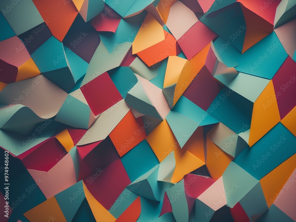 Poster abstract colorful cubes layered in an intricate, dynamic design, blending soft and bold tones to create a sense of depth and motion