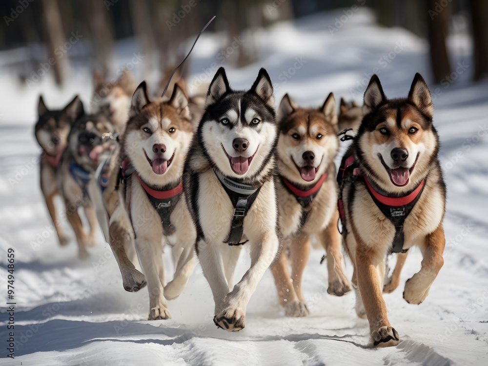 Wall mural husky sled dog team running in snow