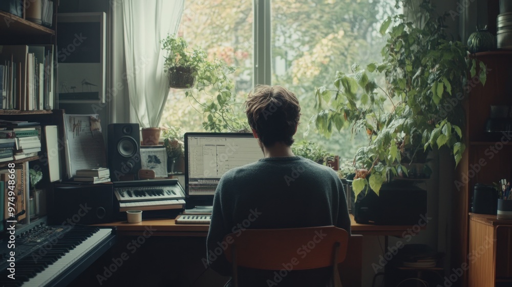 Poster a person sitting at a desk facing a window with a view of trees