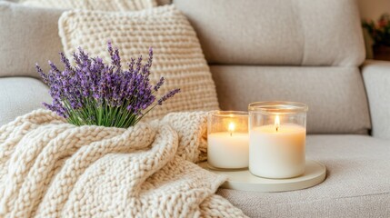This inviting living room features soft blankets, glowing candles, and fragrant lavender flowers, creating a serene atmosphere perfect for relaxation and comfort