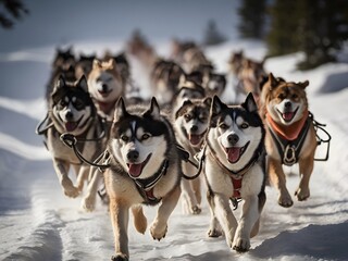 Husky Sled Dog Team Running Through Snow in Winter