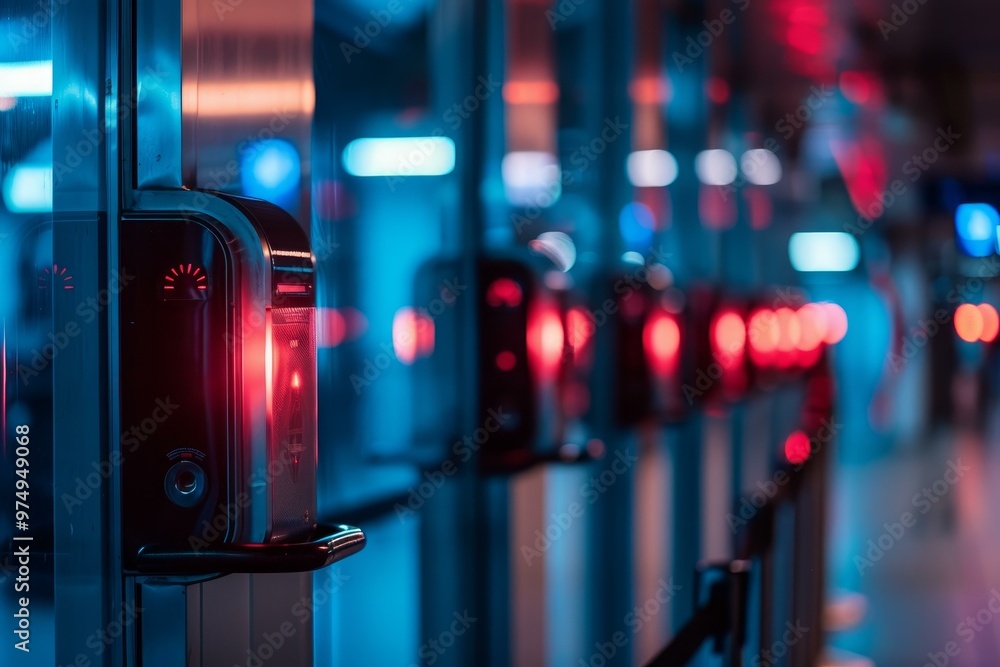 Poster row of modern electronic turnstile gates controlling access to a secure area, illuminated with red a