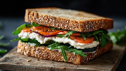 An inviting sandwich made with fresh vegetables, creamy cheese on whole grain bread, designed to offer a light yet satisfying culinary experience perfect for any time.