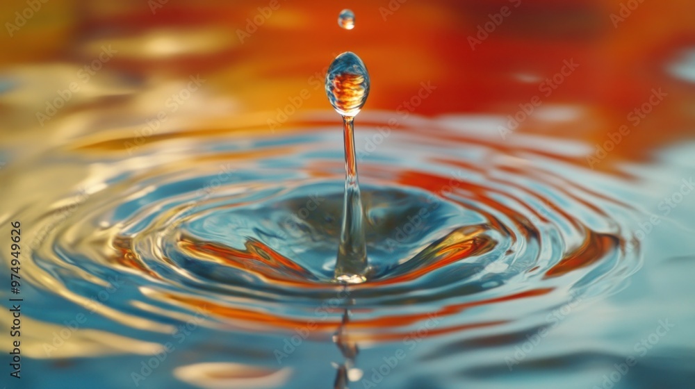 Poster water droplet creating ripples in still water with a colorful background