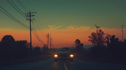 Silhouette of a Classic Car Driving on a Road at Sunset