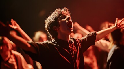 A Young Man Singing Passionately on Stage with Red Lighting