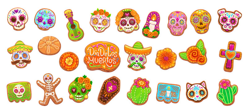 Mexican dead day biscuit cookie and cakes, dia de los muertos holiday pastry featuring colorful sugar skull, marigold, candle, guitar and coffin, cross, papel picado, cat and dog festive confectionery