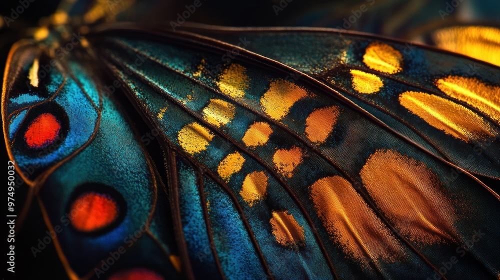 Poster close-up view of a butterfly wing with vibrant colors and intricate patterns