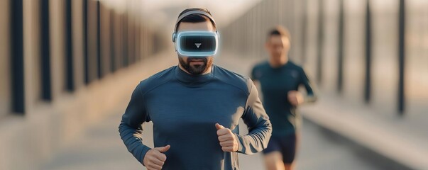 Holographic AI assistant guiding a runner on a virtual marathon route, holographic AI assistant, running technology