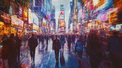 Abstract Cityscape with Silhouettes of People Walking Through a Blur of Colorful Lights and Buildings
