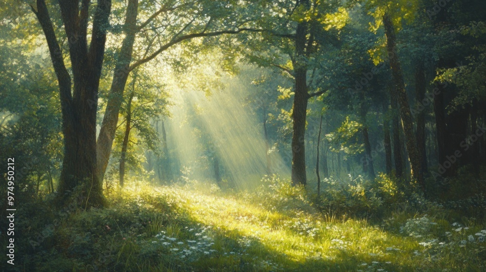 Sticker Sunbeams Filtering Through Trees in a Lush Forest