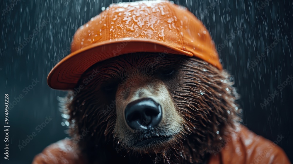 Sticker A bear dressed in an orange cap and jacket standing solemnly in the rain, presenting a powerful contrast of colors and highlighting the animal's intense expression.