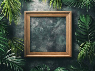 Photo of a wooden frame, simple modern tropical aesthetic with palm tree, Mockup