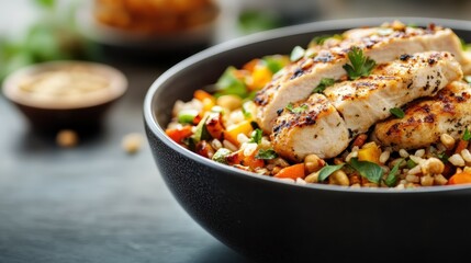 Succulent grilled chicken breast slices served atop a bed of mixed vegetable rice, with toasted nuts sprinkled all over as garnish, offering a wholesome meal experience.