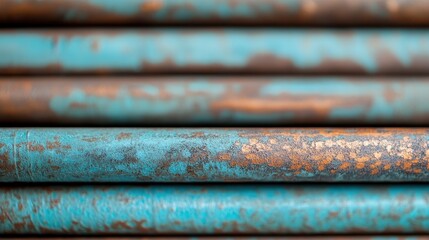 Close-up image of rusted blue pipes with a patina, showing signs of wear and age, providing a textured and aged, industrial aesthetic known for its visual appeal.