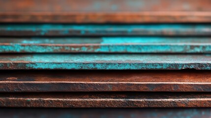 Close-up image of stacked rusted blue metal sheets showcasing their textured, weathered surfaces. This industrial-themed photo embodies concepts of wear and resilience.